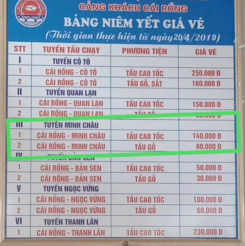 Bảng niêm yết giá vé Minh Châu Quan Lạn và các tuyến đảo khác.